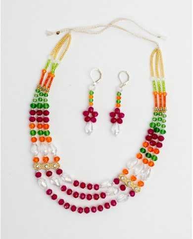 COLLAR Y ARETES WAMINSI FUCSIA CRISTALES