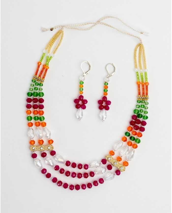 COLLAR Y ARETES WAMINSI FUCSIA CRISTALES