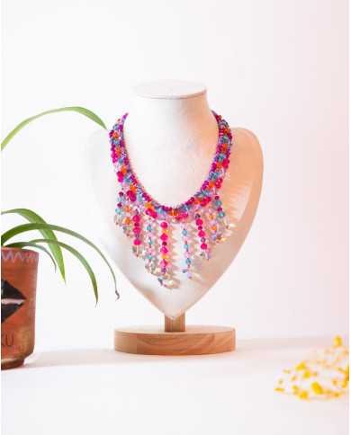 COLLAR Y ARETES MINI FUCSIA CASCADA CRISTALES