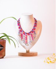 COLLAR Y ARETES MINI FUCSIA CASCADA CRISTALES