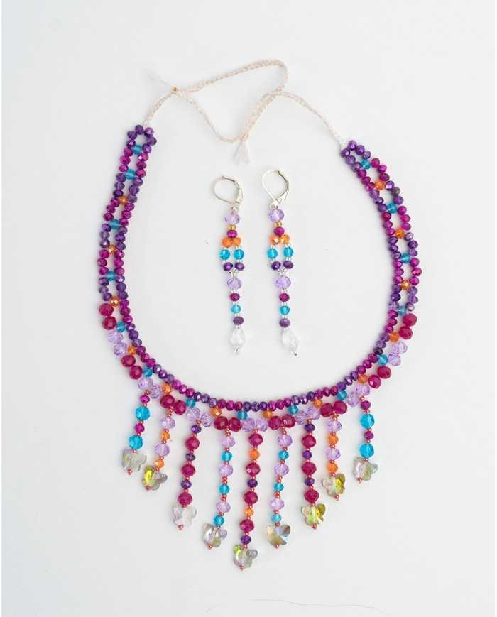 COLLAR Y ARETES MINI FUCSIA CASCADA CRISTALES