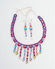 COLLAR Y ARETES MINI FUCSIA CASCADA CRISTALES