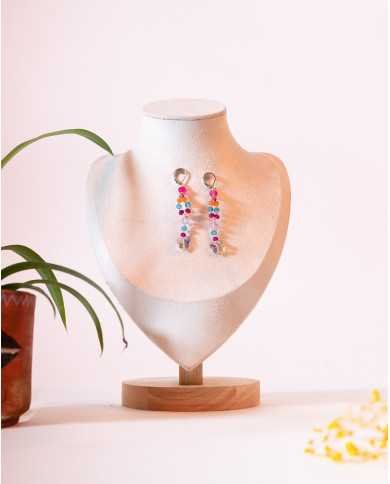 COLLAR Y ARETES MINI FUCSIA 3 FILAS CRISTALES
