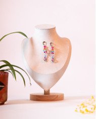 COLLAR Y ARETES MINI FUCSIA 3 FILAS CRISTALES