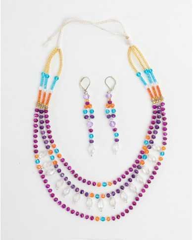 COLLAR Y ARETES MINI FUCSIA 3 FILAS CRISTALES