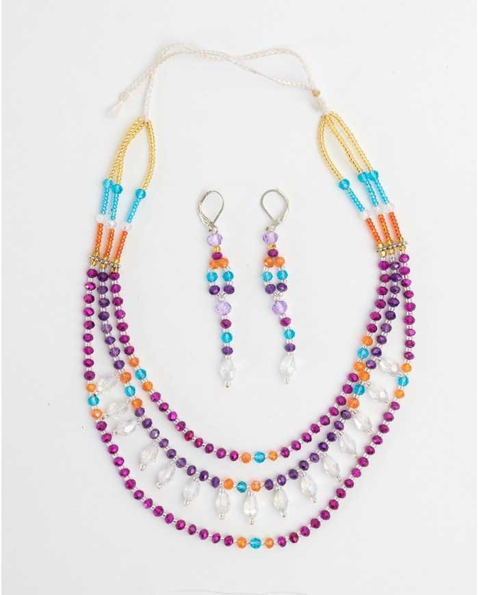 COLLAR Y ARETES MINI FUCSIA 3 FILAS CRISTALES
