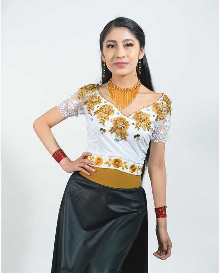 BLUSA ÑUSTA APLIQUE MOSTAZA BORDADO SEDA