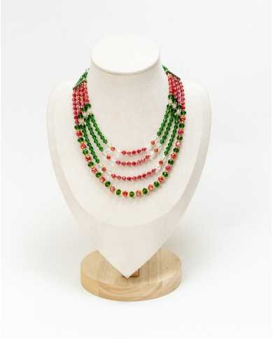 COLLAR Y ARETES VERDE ROSA CRISTALES