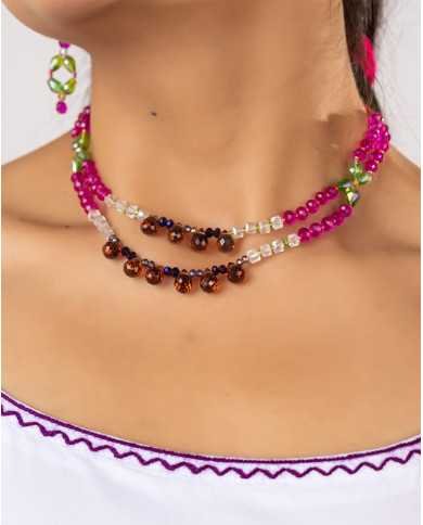 COLLAR Y ARETES PISHIKSISA VINO CRISTALES