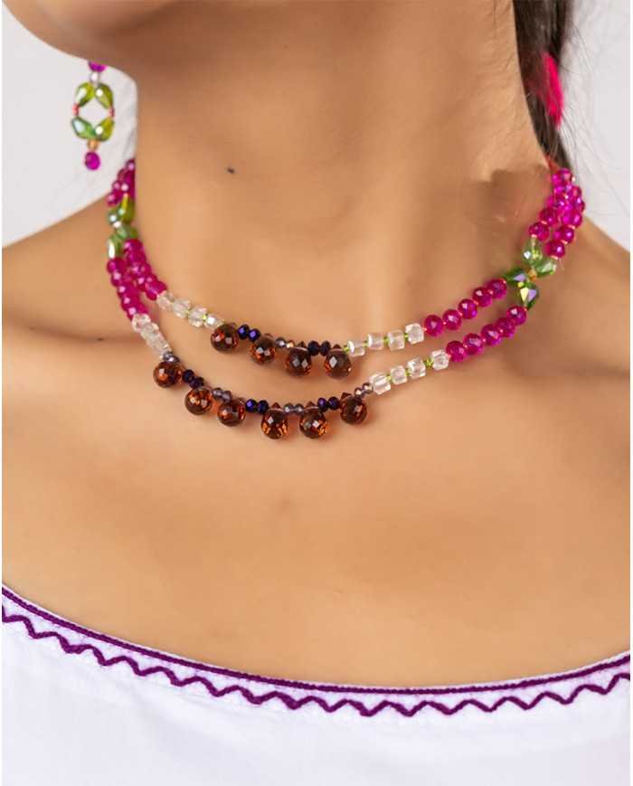 COLLAR Y ARETES PISHIKSISA VINO CRISTALES