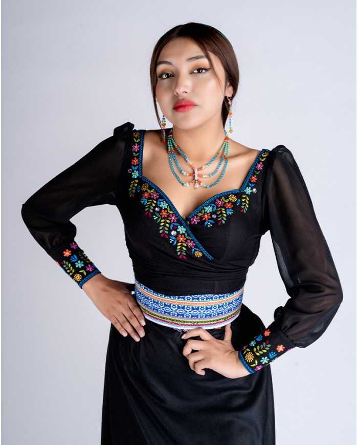 BLUSA INTI AZUL NEGRO BORDADO SEDA